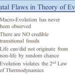 1. Macro-Evolution has never been observed. 2. There are NO credible transitional fossils. 3. Life can/did not originate from non-life by random chance. 4. Evolution violates the 2nd Law of Dr. Heinz Lycklama.