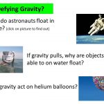So how do astronauts float in space if the pull of gravity is so strong? Astronauts don t actually float. They are being pulled by the Earth s gravity just the same as the rest of us. But they are also orbiting the Earth, or moving sideways. This is known as centrifugal force. This sideways movement actually is pulling them away from the Earth at the same time that the Earth is pulling them down, so it appears as if they are floating. place. When an object floats on the top of water, gravity is still in play. For an object to float, it must displace enough water to make up the same mass as the object itself. Once that happens, the remaining mass then sits on top of the water. For example: if a boat has a mass of 45 grams, it will displace 45 grams of water and if that has happened before the whole thing has sunk below the surface level of the water, the boat floats. Helium balloons are pulled by gravity, as are all objects with mass. The reason they don t fall is that there is another force acting on them, a buoyant force from air pressure that is equal to the weight of the air displaced by the balloon. Does gravity act on helium balloons?