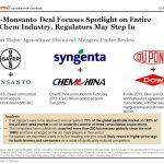 Bayer Offers to Buy Monsanto, Would Become Largest Agro-Chem Deal in a Year of Mega-Mergers. Details on the Bayer/Monsanto Merger. Analysis. In late May, Bayer AG made an unsolicited offer to acquire Monsanto for 62 billion in cash. If Monsanto accepts the offer it would become the largest foreign takeover by a Germany company in the country’s history. The deal comes amidst a period when global agrochemical companies are consolidating due to a mixture of market factors including a drop in commodity prices and the growing convergence between seeds and pesticides markets. + Opponents of the Merger. The Bayer-Monsanto talks only heighten the possibility that the industry, farmers and consumers could be adversely impacted by this consolidation trend. – Sen. Chuck Grassley (R-IA) National Farmers Union president Roger Johnson stated that the union will likely oppose the deal as the union previously opposed the merger of two other agro mega-corporations: DuPont and Dow. Sources: Christopher Alessi, Bayer Makes 62 Billion Bid for Monsanto, Wall Street Journal, May 23, 2016; Ludwig Burger and Georgina Prodhan, Bayer Defies Critics With 62 Billion Monsanto Offer, Reuters, May 23, 2016; Mark Anderson, Bayer’s Proposed Monsnato Takeover Should Rouse Global Regulatory Scrutiny, Sacramento Business Journal, May 20, 2016; Diane Bartz and PJ Hufstutter, Rush for Ag-chem Megadeals Clogs Regulatory Path, Worries Farmers, Reuters, May 20, May 23, 2016 | Justin C. Brown.